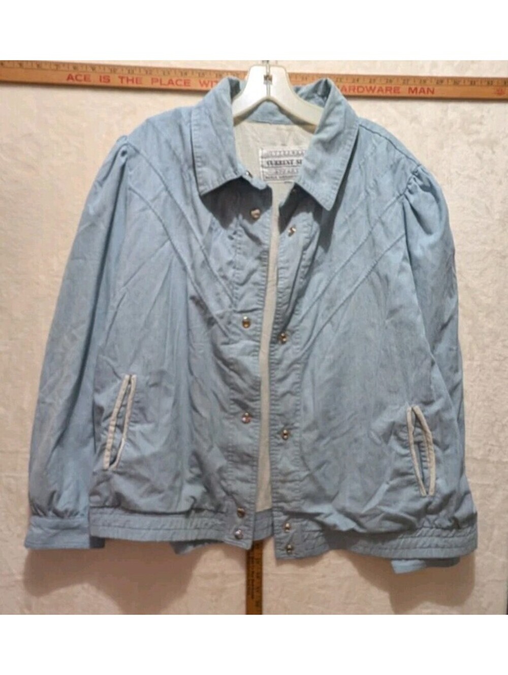 Current Seen Apparel Vintage 1980s Light Wash Chambray Snap Front Bomber Jacket,